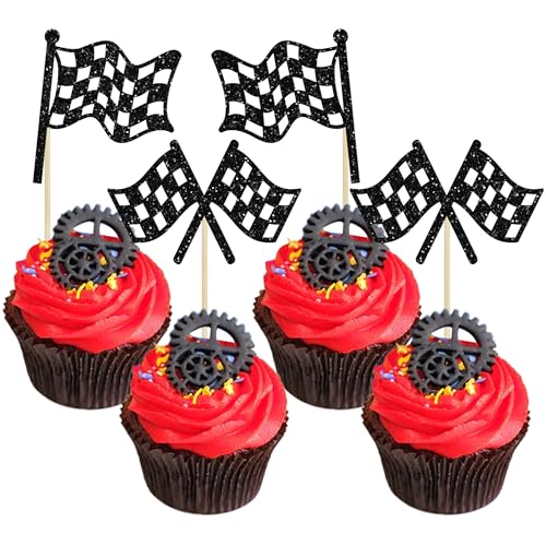 Gyufise 24Pcs Checkered Racing Flag Toothpicks Glitter Cupcake Picks Toothpick Flag Dinner Flags Race Car Cake Toppers Dekorationen Party Supplies von Gyufise