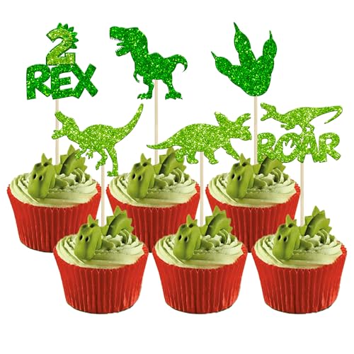 Gyufise 24Pcs Dinosaurier Cupcake Toppers Grün Glitter 2 Rex Brüllen Dinosaurier Cupcake Picks Zwei Jahre alt Dino Thema Baby Dusche zweiten Geburtstag Party Kuchen Dekorationen Zubehör von Gyufise