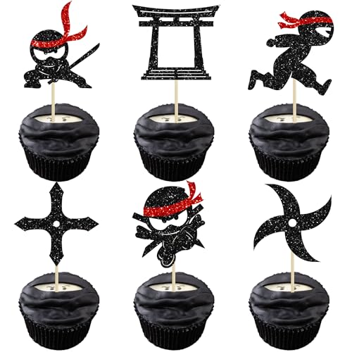 Gyufise 24Pcs Ninja Cupcake Toppers Glitter Kampfsport Karate Kung Fu Krieger Cupcake Picks für Ninja Thema Baby Dusche Kinder Geburtstag Party Kuchen Dekorationen Zubehör von Gyufise