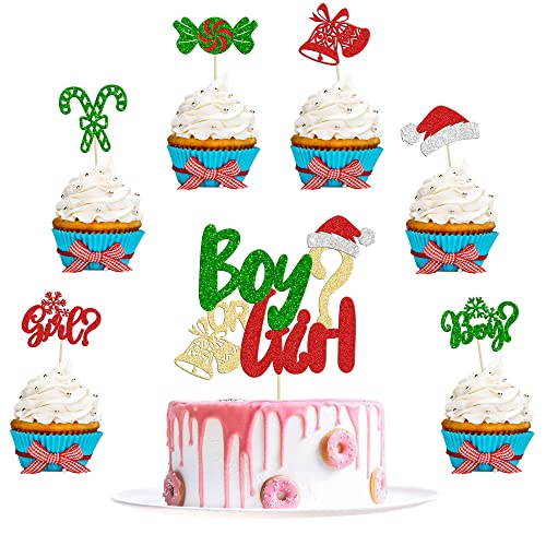 Gyufise 25 Stück Weihnachts-Cupcke-Topper mit Glitzer-Hut, Glocke, Schneeflocke, Jungen oder Mädchen, Kuchendekoration für Winter, Weihnachten, Babyshower, Geschlecht, offenbaren, Party-Dekorationen von Gyufise