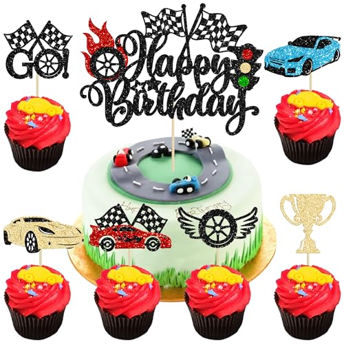 Gyufise 25Pcs Auto alles Gute zum Geburtstag Kuchen Topper Rennwagen Cupcake Topper Rennwagen Thema Kuchen Dekoration für Trophäe Flagge Rennwagen Thema Kinder Geburtstag Party Supplies von Gyufise