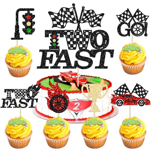 Gyufise 25Pcs zwei schnelle Kuchen Topper Rennwagen Cupcake Topper Rennwagen Thema Kuchen Dekoration für Trophäe Flagge Rennwagen Thema Kinder 2. Geburtstag Party Supplies von Gyufise