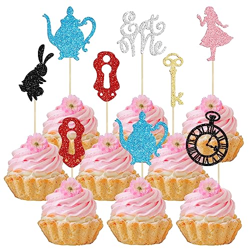 Gyufise 28 Stück Alice im Wunderland Cupcake-Topper Glitzer Teeparty Eat Me Cupcake Picks Teeparty Kuchen Dekorationen Babyshower Junge Mädchen Kinder Geburtstag Tee Party Supplies von Gyufise