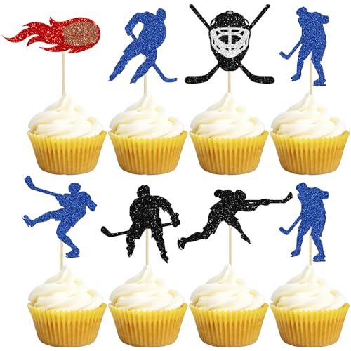 Gyufise 28 Stück Hockey-Cupcake-Topper Glitzer Hockeyspieler Cupcake Picks Eishockey Sport Thema Babyparty Jungen Mädchen Geburtstag Party Kuchen Dekorationen Zubehör von Gyufise