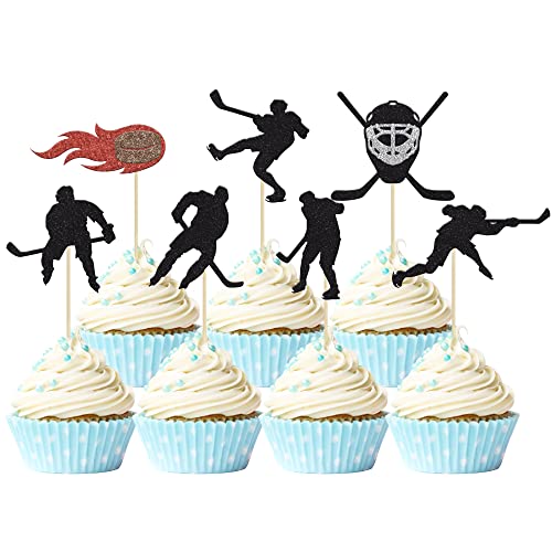 Gyufise 28 Stück Hockey-Cupcake-Topper schwarz Glitzer Hockeyspieler Cupcake Picks Eishockey Sport Thema Babyparty Jungen Mädchen Geburtstag Party Kuchen Dekorationen Zubehör von Gyufise