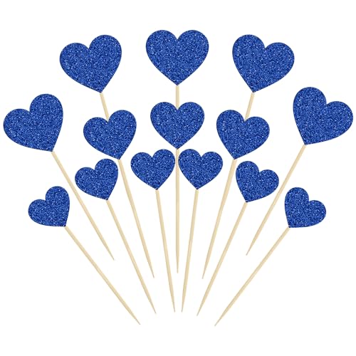 Gyufise 30 Stück Herz Cupcake Toppers Deep Blue Glitter Sweet Love Heart Cupcake Pick Dekorationen Valentinstag Kuchen Dekorationen für Hochzeit Verlobung Brautdusche Geburtstag Party Supplies von Gyufise