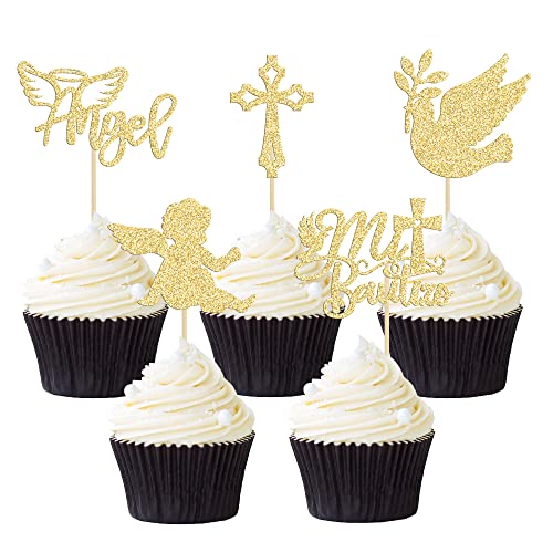 Gyufise 30 Stück Mi Bautizo Cupcake-Topper Gold Glitzer Kreuz Engel Taube Cupcake Topper Engel Religiöser Gott Segen Cupcake Picks für Taufe Thema Babyparty Kinder Geburtstag Party Supplies von Gyufise