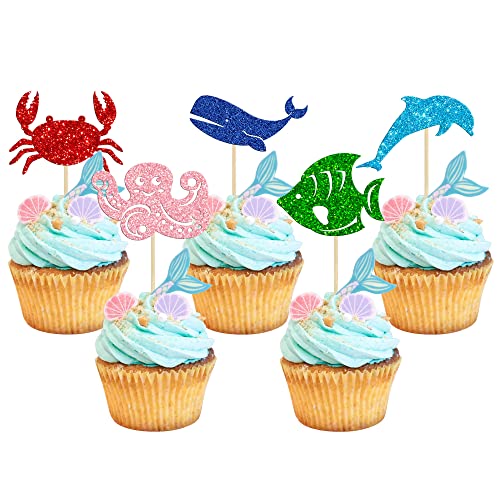 Gyufise 30 Stück Ozean Meerestiere Cupcake Topper Delfin Krabbe Wal Oktopus Fisch Cupcake Picks Baby Shower Under the Sea Tiere Thema Geburtstag Party Kuchen Dekorationen Zubehör von Gyufise