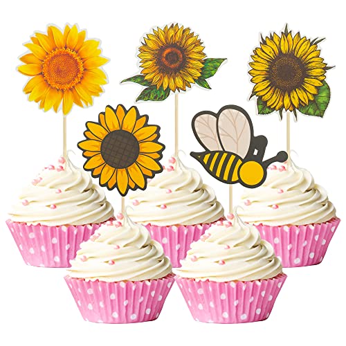 Gyufise 30 Stück Sonnenblume Cupcake Topper Hummel Sonnenblume Kuchen Topper Dekorationen für Blumen Thema Party Geburtstag Cupcake Picks Party Dekorationen Zubehör für Babyparty Geburtstag Party von Gyufise