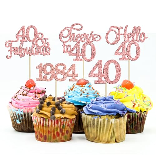 Gyufise 30Pcs 40th Birthday Cupcake Toppers 40 Fabulous Cupcake Picks Cheers to 40 1984 Cake Decorations for Happy 40th Birthday Wedding Anniversary Party Decoration Supplies Rose Gold von Gyufise