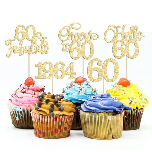 Gyufise 30Pcs 60th Birthday Cupcake Toppers 60 Fabulous Cupcake Picks Cheers to 60 1964 Cake Decorations for Happy 60th Birthday Wedding Anniversary Party Decoration Supplies Gold von Gyufise