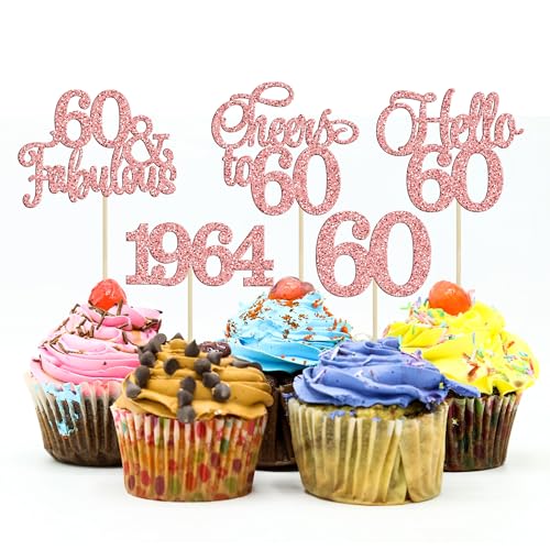 Gyufise 30Pcs 60th Birthday Cupcake Toppers 60 Fabulous Cupcake Picks Cheers to 60 1964 Cake Decorations for Happy 60th Birthday Wedding Anniversary Party Decoration Supplies Rose Gold von Gyufise