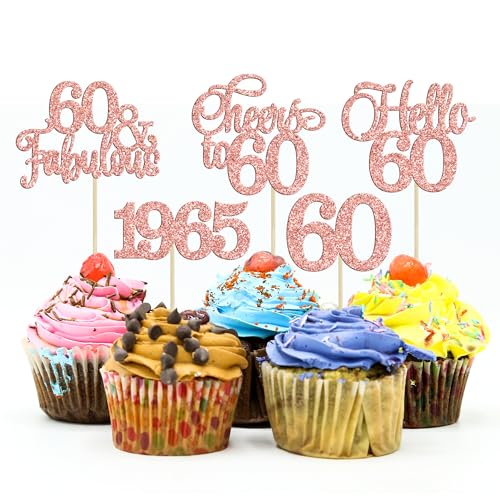 Gyufise 30Pcs 60th Birthday Cupcake Toppers 60 Fabulous Cupcake Picks Cheers to 60 1964 Cake Decorations for Happy 60th Birthday Wedding Anniversary Party Decoration Supplies Rose Gold von Gyufise