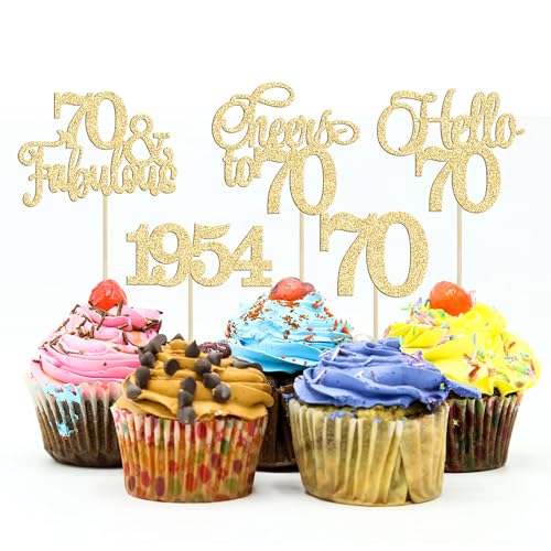 Gyufise 30Pcs 70th Birthday Cupcake Toppers 70 Fabulous Cupcake Picks Cheers to 70 1953 Cake Decorations for Happy 70th Birthday Wedding Anniversary Party Decoration Supplies Gold von Gyufise