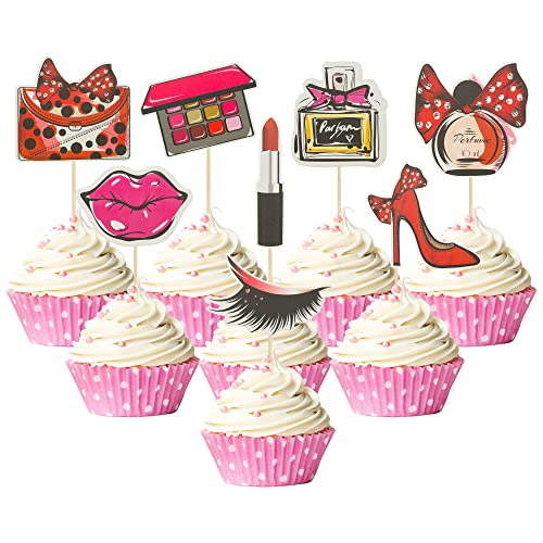 Gyufise 32 Stück Make-up Cupcake Toppers Happy Birthday Glitter Kosmetik Thema Braut Dusche Kuchen Topper Make-up Thema Mädchen Geburtstag Party Kuchen Dekoration Zubehör von Gyufise