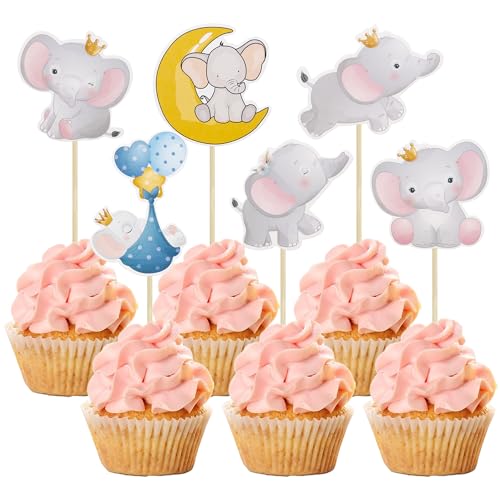 Gyufise 36 Stück Baby Elefant Cupcake Topper rosa Elefant It's a Girl Cupcake Picks Babyshower Dekorationen für Elefanten-Thema Geschlecht offenbart Babyparty Kinder Mädchen Geburtstag Party Supplies von Gyufise