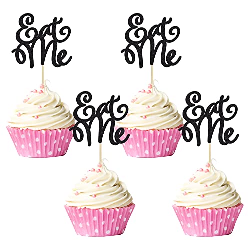 Gyufise 36 Stück Eat Me Cupcake-Topper, schwarzer Glitzer, Alice, Cupcake-Picks, Wunderland-Dekorationen für Babyparty, Jungen, Mädchen, Kindergeburtstag, Wunderland-Mottoparty-Zubehör von Gyufise