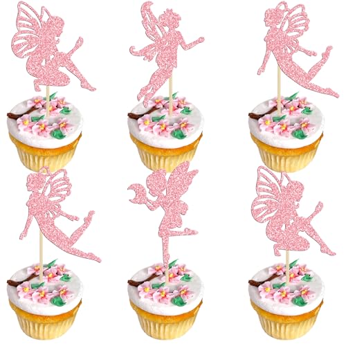 Gyufise 36 Stück Feen-Cupcake-Topper rosa Glitzer Blume Engel Fee Cupcake Picks Ballett Tänzerin Kuchen Dekorationen für Hochzeit Brautdusche Babyparty Geburtstag Party Kuchen Dekorationen Zubehör von Gyufise