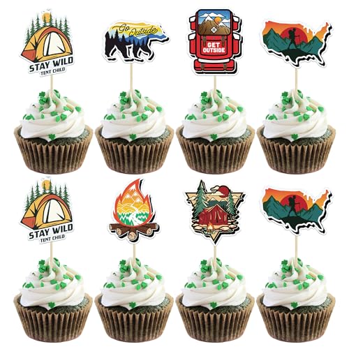 Gyufise 36 Stück Happy Camper Cupcake Topper Baum Bär Lagerfeuer Zelt Camping Cupcake Picks für Wochenende Outdoor Camper Wald Holzfäller Thema Geburtstag Party Kuchen Dekorationen Zubehör von Gyufise