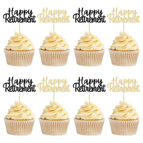 Gyufise 36 Stück Happy Retirement Cupcake Topper Mehrfarbig Glitzer Ruhestand Cupcake Picks Ruhestand Thema Geburtstag Party Kuchen Dekorationen Schwarz und Gold von Gyufise