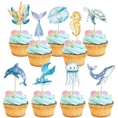 Gyufise 36 Stück Meerjungfrauen-Cupcake-Topper unter dem Meer, Schildkröten, Oktopus, Meerjungfrauenschwanz, Cupcake-Picks, Seepferdchen, Korallen-Kuchendekorationen für unter dem Meer, Babyparty, von Gyufise