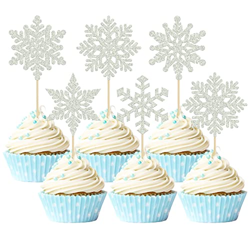 Gyufise 36 Stück Schneeflocken Cupcake Topper Silber Glitzer Winter Frozen Thema Cupcake Picks Baby Shower Kinder Geburtstag Party Weihnachten Kuchen Dekorationen Zubehör von Gyufise