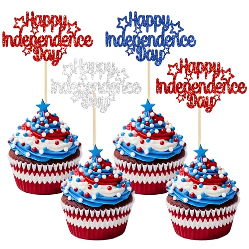 Gyufise 36 Stück Unabhängigkeitstag Cupcake Topper Mehrfarbig Glitzer 4. Juli Kuchendekorationen American National Day Thema Geburtstag Party Kuchen Dekorationen Zubehör von Gyufise