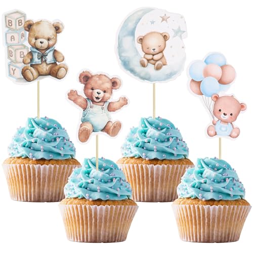 Gyufise 36Pcs Baby Dusche Bär Cupcake Toppers Mond Baby Bär Baby Dusche Kuchen Topper Dekorationen Dschungel-Tier-Thema Baby-Dusche-Geburtstag-Party-Kuchen-Supplies blau von Gyufise