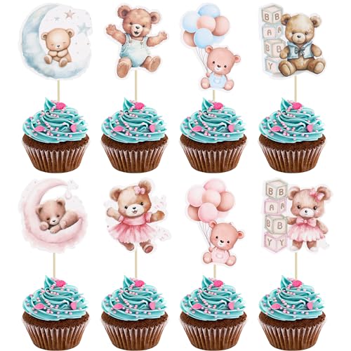 Gyufise 36Pcs Baby Dusche Bär Cupcake Toppers Mond Baby Bär Baby Dusche Kuchen Topper Dekorationen Dschungel-Tier-Thema Baby Dusche Geburtstag Party Kuchen Zubehör blau rosa von Gyufise