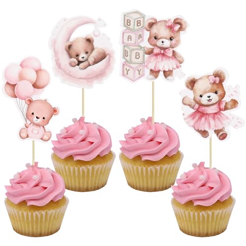 Gyufise 36Pcs Baby Dusche Bär Cupcake Toppers Mond Baby Bär Baby Dusche Kuchen Topper Dekorationen Dschungel-Tier-Thema Baby Dusche Geburtstag Party Kuchen Zubehör rosa von Gyufise