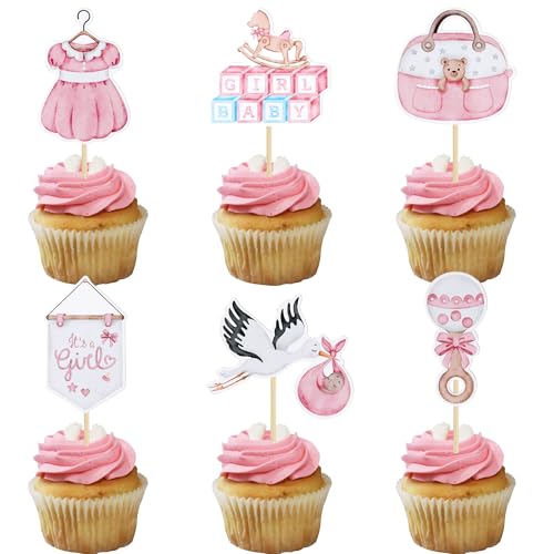 Gyufise 36Pcs Baby Shower Girl Cupcake Toppers Schwan Schnuller Wolke Mond Stern Baby Girl Cupcake Picks Oh Baby It's a Girl Tortendekorationen für Baby Shower Kids Girls Birthday Party Supplies Pink von Gyufise