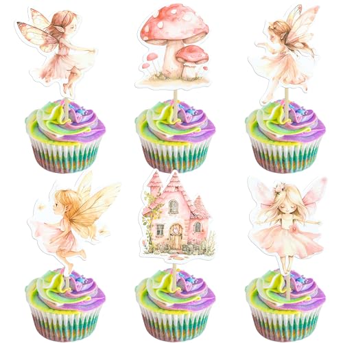 Gyufise 36Pcs Fee Cupcake Toppers Fee Geburtstag Party Dekorationen Chic Blume Fee Baby Dusche Party Cupcake Topper Dekorationen für Mädchen Elfen Fee Geburtstag Party Cupcake Dekorationen Multi 2 von Gyufise