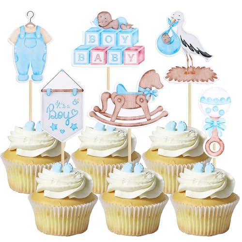 Gyufise 36Pcs Oh Baby Cupcake Toppers Schnuller Wolke Mond Stern Baby Junge Cupcake Picks Schwan Baby Shower It's a Boy Tortendekorationen für Baby Shower Kids Boys Birthday Party Supplies Blau von Gyufise