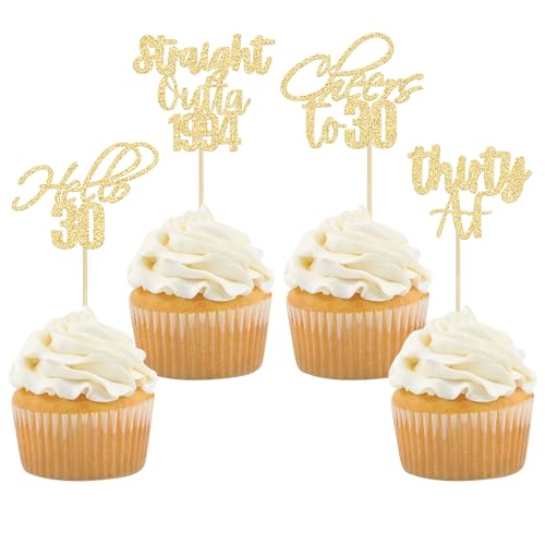 Gyufise 48 Stück Gold Glitter Hello 30 Cupcake Topper Glitter Thirty Cheers to 30 Straight Outta 1992 Cupcake Picks for 30th Birthday Anniversary Party Cake Decorations Supplies von Gyufise