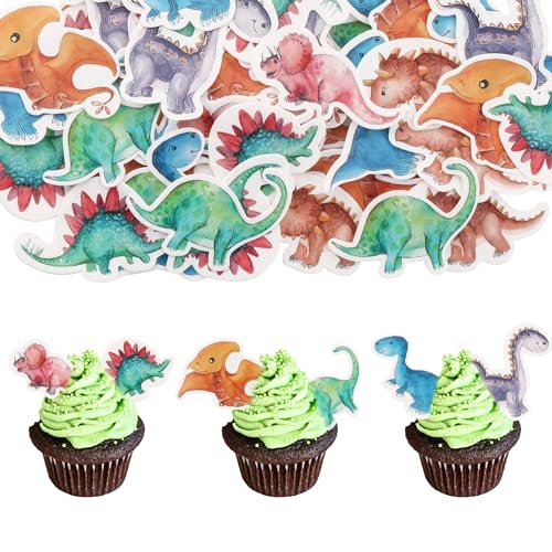 Gyufise 50Pcs essbare Dinosaurier Kuchen Dekorationen Dschungel Safari Dinosaurier Cupcake Toppers Dino Kuchen Toppers für Dinosaurier Thema Baby Dusche Geburtstag Party Kuchen Dekor Zubehör von Gyufise