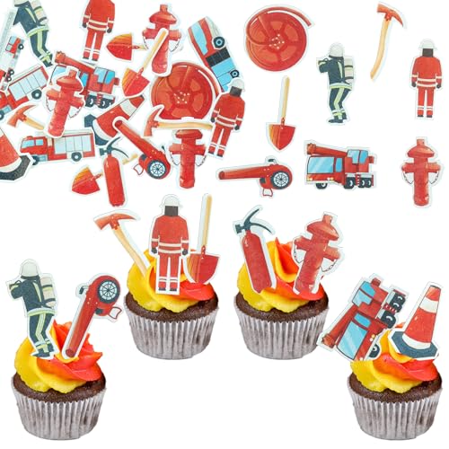 Gyufise 80 Stück essbare Feuerwehrmann-Cupcake-Topper Feuerwehrmann Cupcake Picks Feuerwehrauto Rettung essbare Kuchendekorationen Thema Babyparty Geburtstag Party Kuchen Dekorationen Zubehör von Gyufise