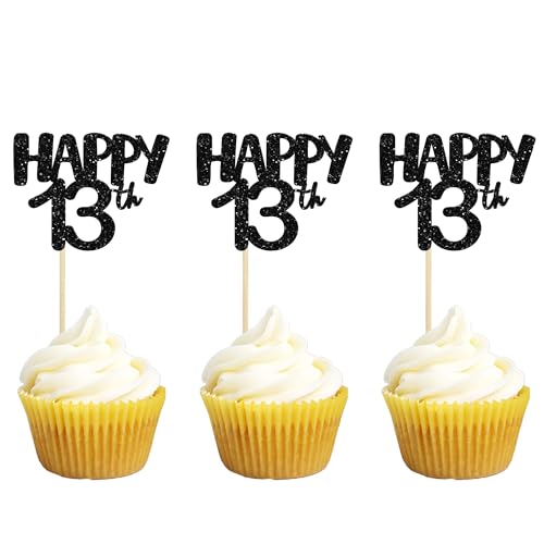 Gyufise Cupcake-Topper "Happy 13th Birthday", glitzernd, Schwarz, 24 Stück von Gyufise