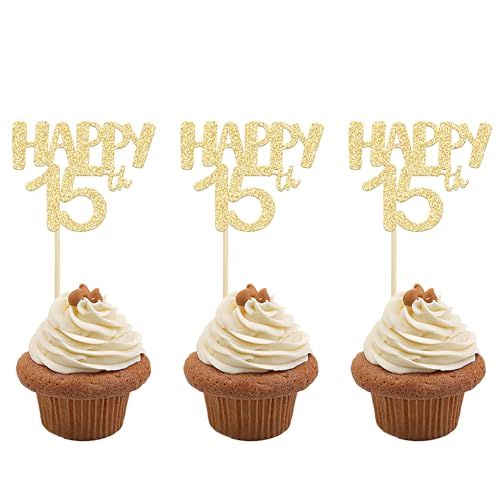 Gyufise Cupcake-Topper "Happy 15th Birthday", goldfarben, 24 Stück von Gyufise