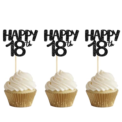 Gyufise Cupcake-Topper "Happy 18th Birthday", Schwarz, 24 Stück von Gyufise