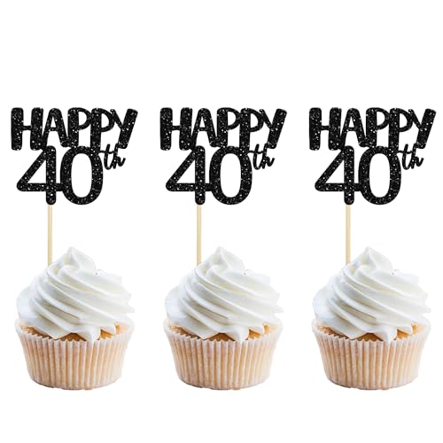 Gyufise Cupcake-Topper "Happy 40th Birthday", Schwarz, 24 Stück von Gyufise