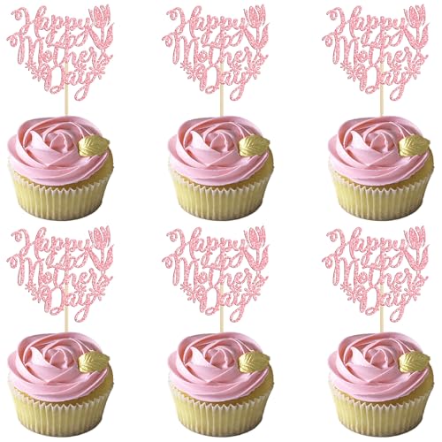 Gyufise Cupcake-Topper "Happy Mothers Day", Glitzer-Rose, Blume, Mutter, Cupcake-Picks, Liebesmutter, Kuchendekoration, Partyzubehör für Party-Dekorationen, Rosa, 24 Stück Gyufise Cupcake-Topper "Happy Mothers Day", Glitzer-Rose, Blume, Mutter, Cupcake-Picks, Liebesmutter, Kuchendekoration, Partyzubehör für Party-Dekorationen, Rosa, 24 Stück von Gyufise