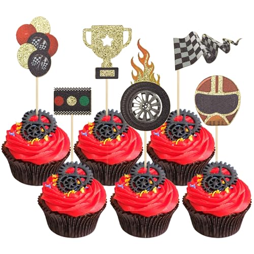 Gyufise Cupcake-Topper für Jungen, Rennwagen, Motiv: Rennwagen, Trophäe, Flagge, Rad, Obstspieße, Party-Dekoration, Let's Go Rennen, Dessert-Aufsätze, 24 Stück von Gyufise