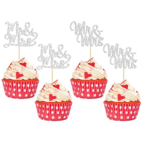 Gyufise Cupcake-Topper mit Aufschrift "Mr Mrs", silberfarben, glitzernd, für Hochzeit, Brautparty, Kuchendekoration, Partyzubehör, 36 Stück von Gyufise