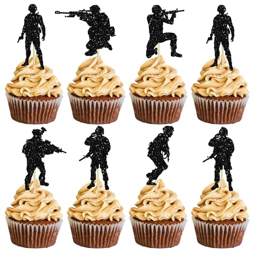 Gyufise Cupcake-Aufsätze mit Militär-Soldaten, Glitzer, Militär-Thema, Marineblau, Armee, Spezialeinheiten, Cupcake-Picks für Armee, Veteranentag, Männer, Jungen, Geburtstag, Party, von Gyufise