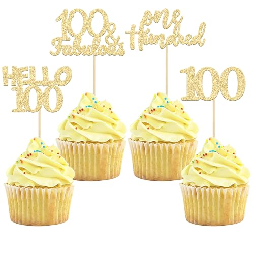 Gyufise Cupcake-Topper zum 100. Geburtstag, goldfarben, glitzernd, Hello 100, 100 und fabelhafte Cupcake-Picks für den 100. Geburtstag, 24 Stück von Gyufise