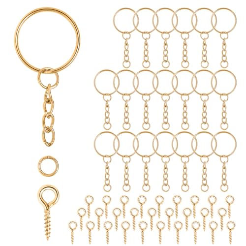 Schlüsselring mit Kette 86 Schlüsselanhänger Basteln Set,86 Schlüsselanhänger Ringe Kette + 86 Schrauböse Pins- Schlüsselringe 25mm für Schlüssel Handwerk DIY, Taschen Schmuckherstellung (Golden) von Gyxcelc