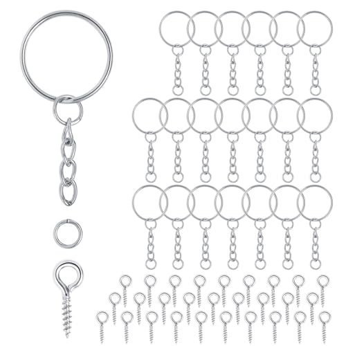 Schlüsselring mit Kette 86 Schlüsselanhänger Basteln Set,86 Schlüsselanhänger Ringe Kette + 86 Schrauböse Pins- Schlüsselringe 25mm für Schlüssel Handwerk DIY, Taschen Schmuckherstellung (Silber) von Gyxcelc