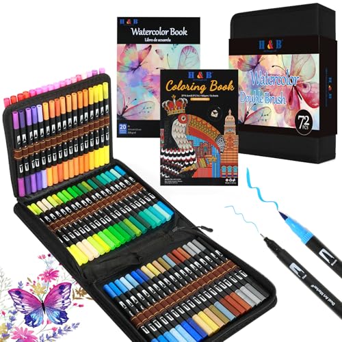 H & B Dual Tip Brush Pen Buntstifte, Fineliner-Filzstift-Set, 72 Farben, Malstifte mit Malbuch und Aquarellbuch, Kunststifte für Kinder und Erwachsene zum Zeichnen und Malen von H & B