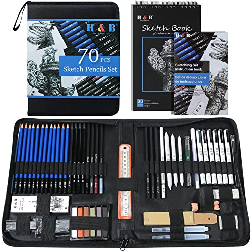 H & B Zeichenset 70 Stück Zeichenstifte Professionell Set,Bleistift Set für Künstler, Erwachsene, Anfänger Schüler,Zeichen Set mit Etui, Kohlestifte,Graphitstift,Pastellstifte und Stäbchen von H & B