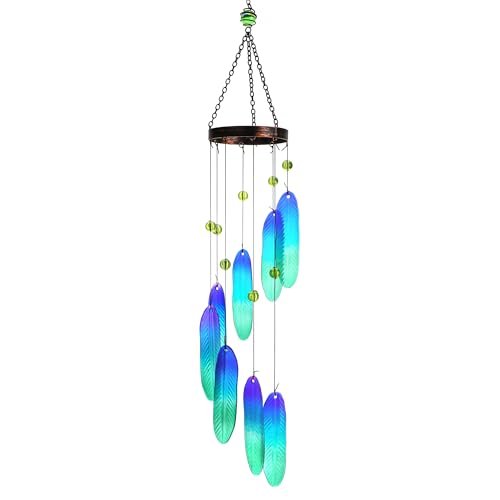 H&D HYALINE & DORA 80 cm Glas-Windspiel für draußen, Glas-Windspiel mit blauen Blättern, zum Aufhängen, handgefertigtes Windspiel mit Glasperlen für Zuhause, Garten, Terrasse und Hof von H&D Hyaline&Dora